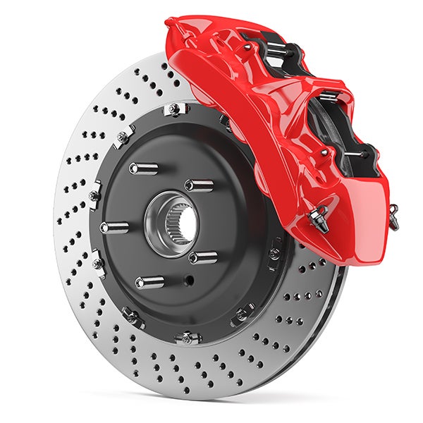 Illustration of a brake rotor and red brake caliper